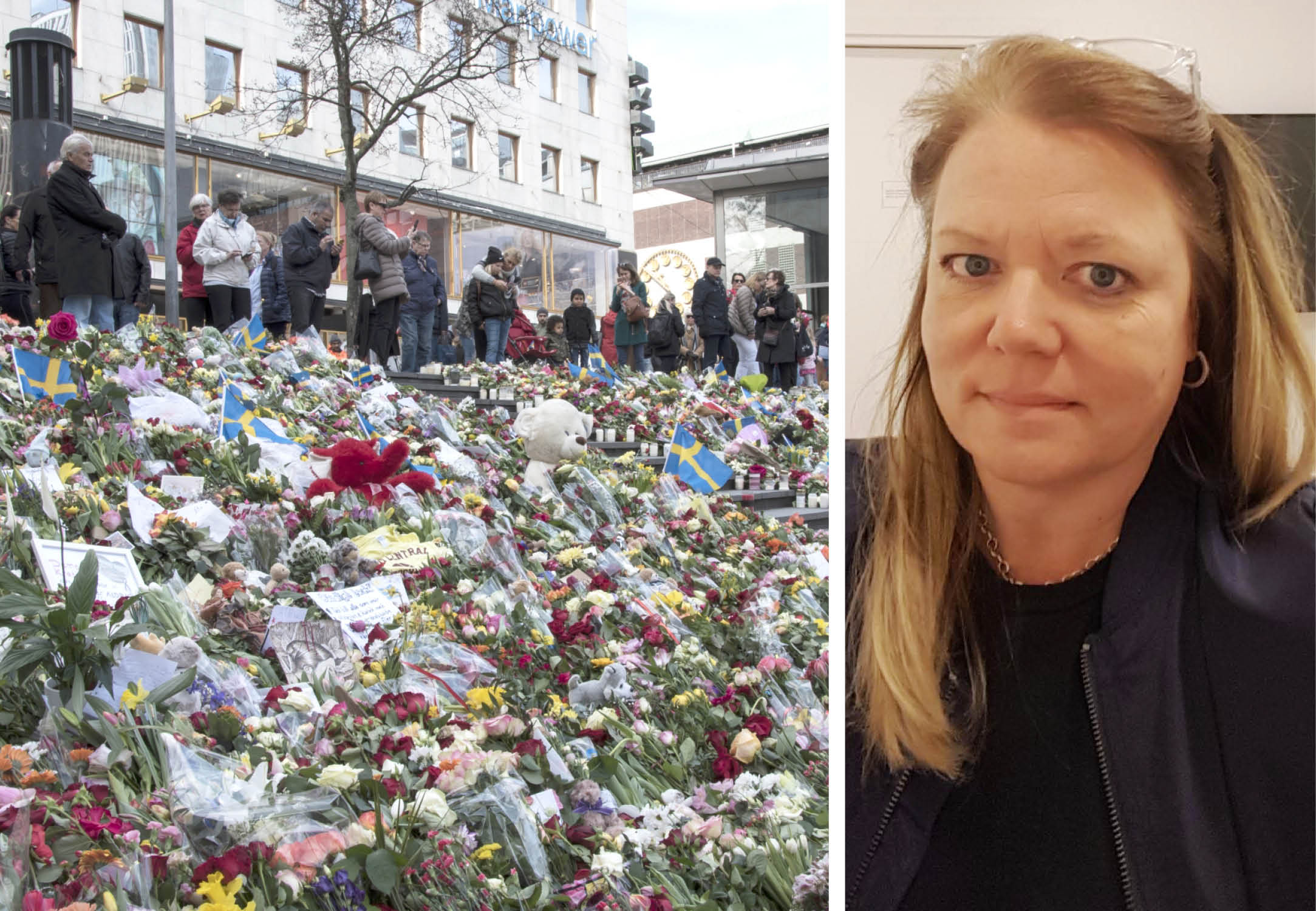 Vid Sergels torg i Stockholm har många lämnat blommor efter attacken. Lena Helmersson Agge (t.h.) samordnade ett kristeam i fredags. 
